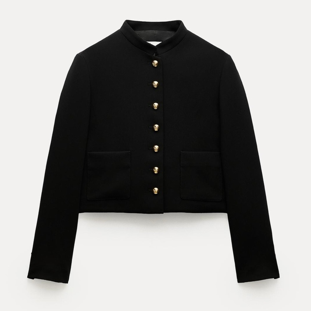 Zara Black Cropped Military-Style Jacket with Gold Buttons size small